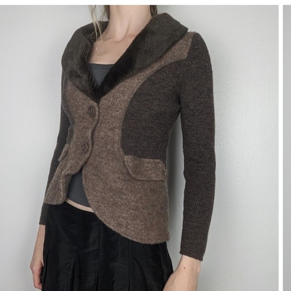 Roz & Ali Wool Yarn Button fur collar blazer Sweater Jacket LP blazer - Picture 1 of 7